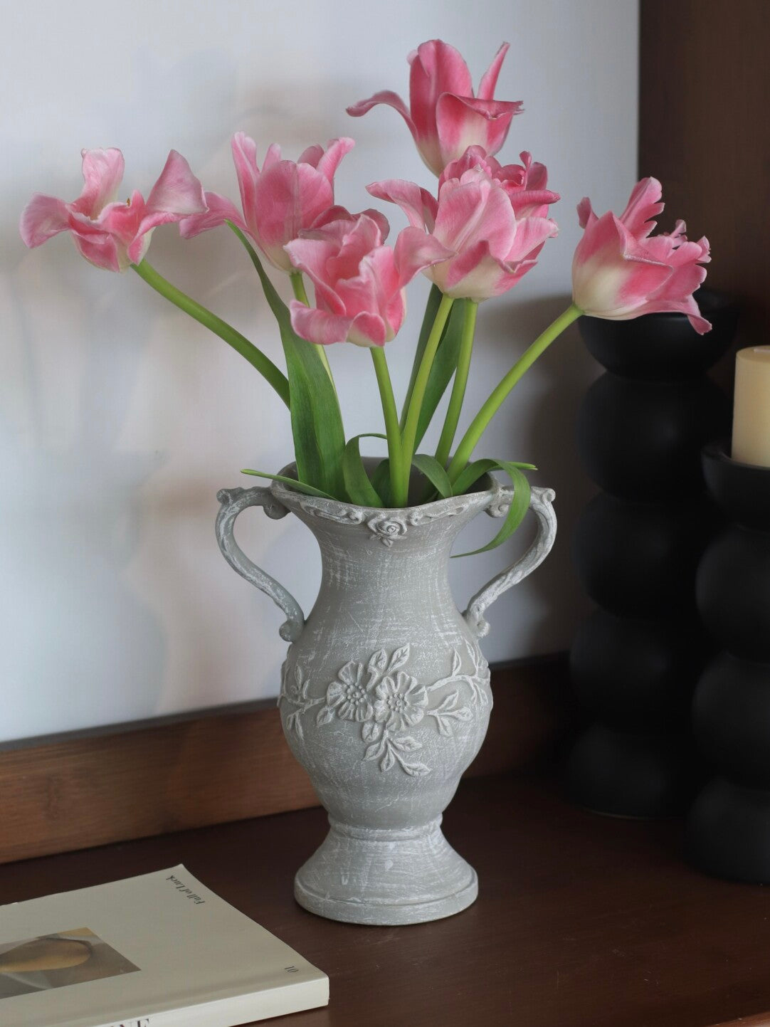 Vintage Relief Ceramic Urn Vase – Antique Gray Floral Decorative Vessel