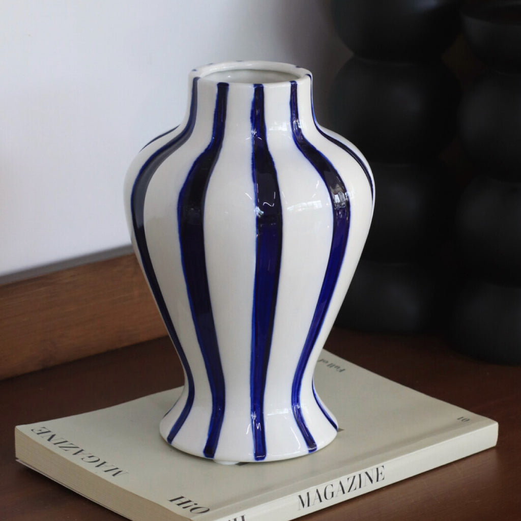 Hand-Painted Blue Stripe Ceramic Decorative Vase
