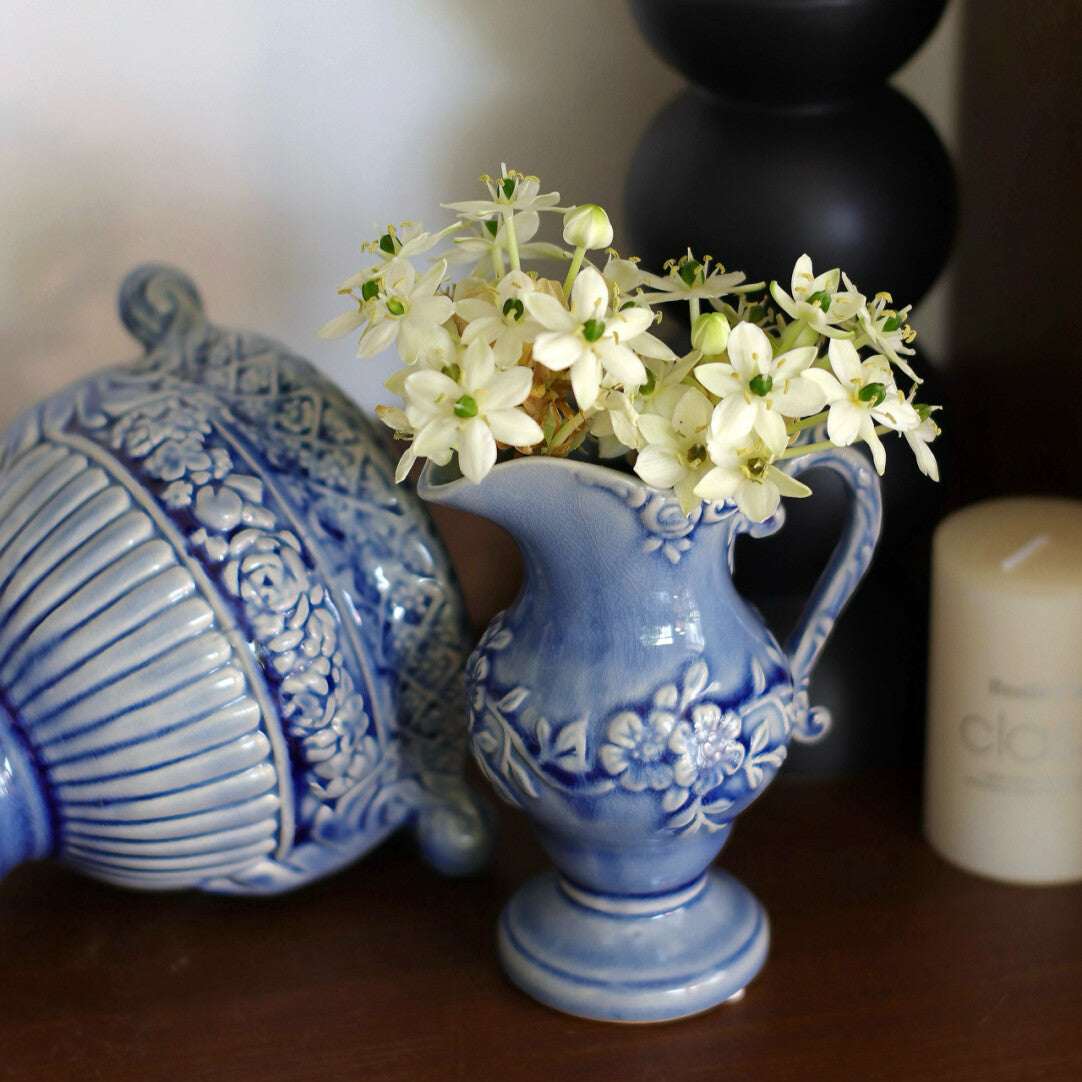 Vintage Blue Floral Ceramic Pitcher Vase