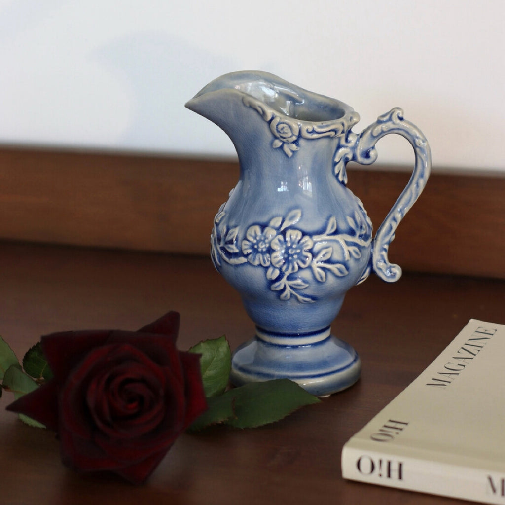 Vintage Blue Floral Ceramic Pitcher Vase
