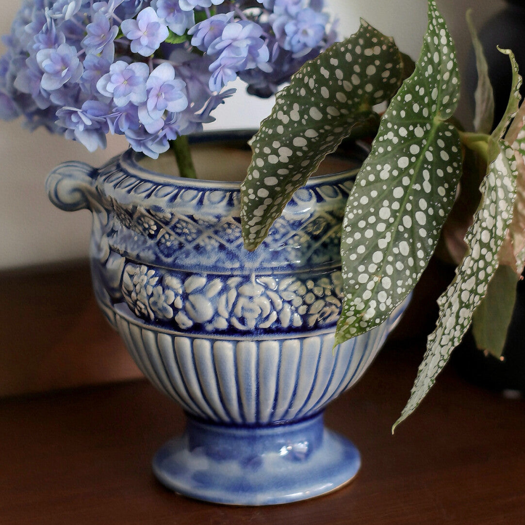 Vintage Blue Floral Ceramic Pitcher Vase