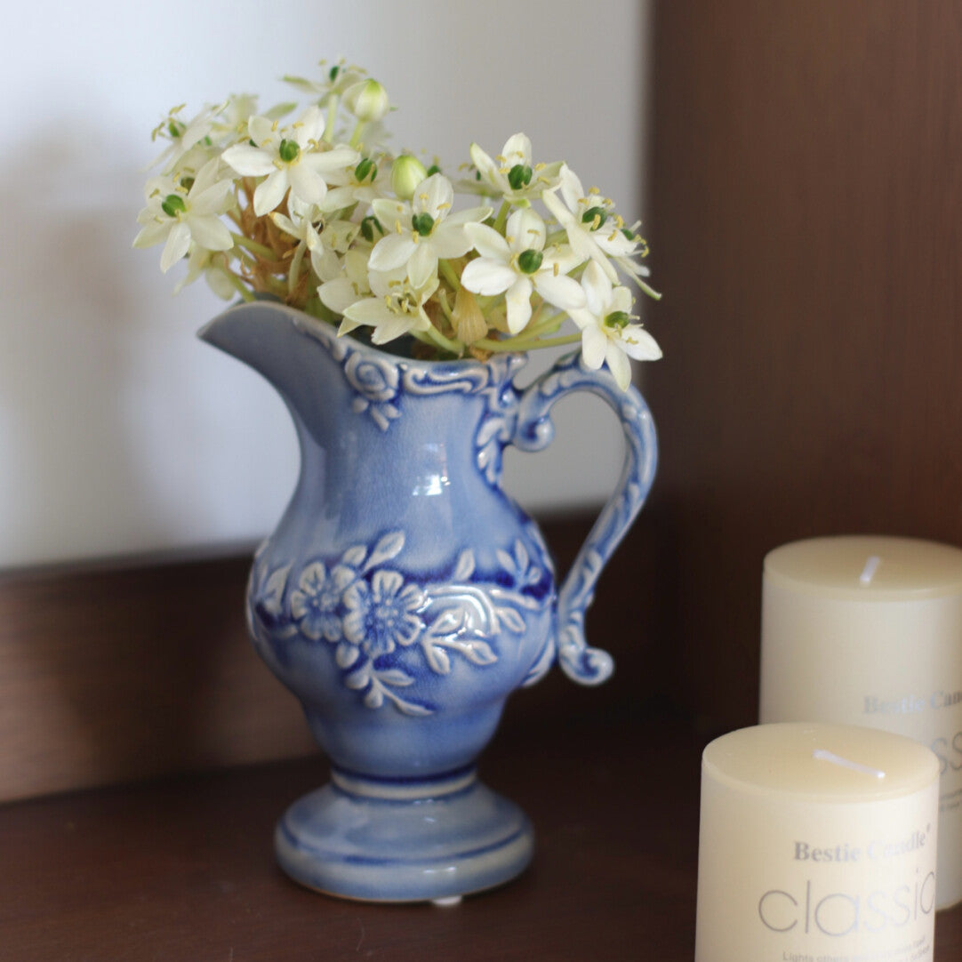 Vintage Blue Floral Ceramic Pitcher Vase
