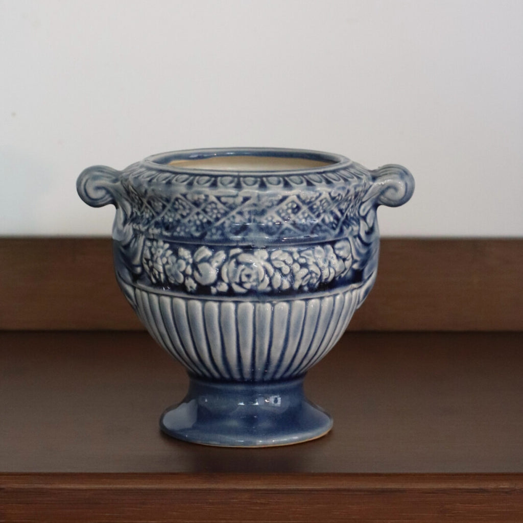 Vintage Blue Floral Ceramic Pitcher Vase