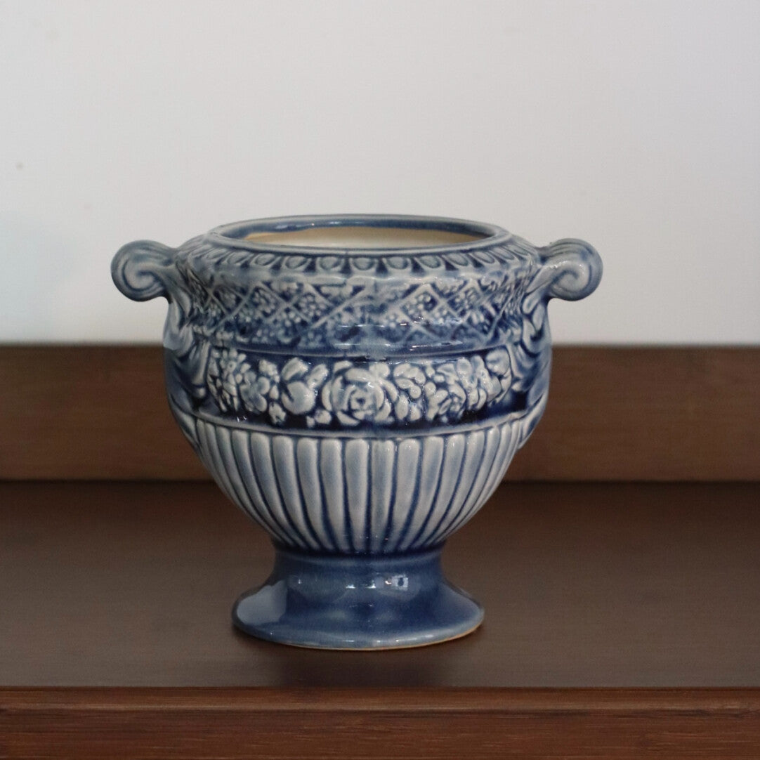 Vintage Blue Floral Ceramic Pitcher Vase