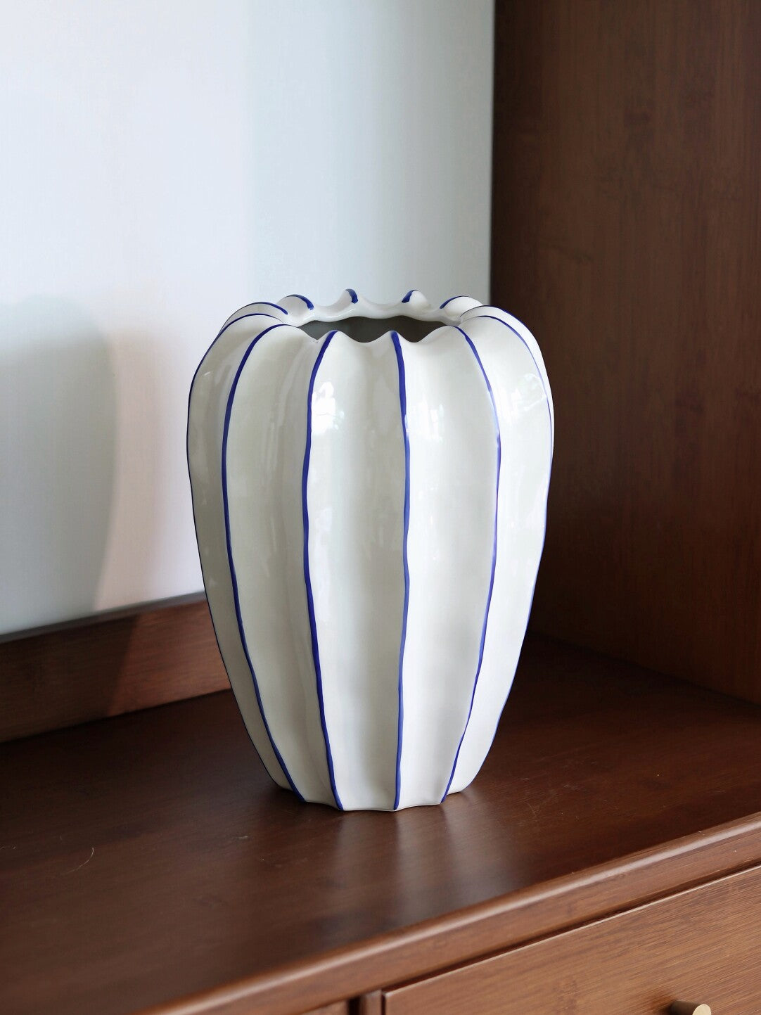 Blue Stripe Fluted Ceramic Floor Vase