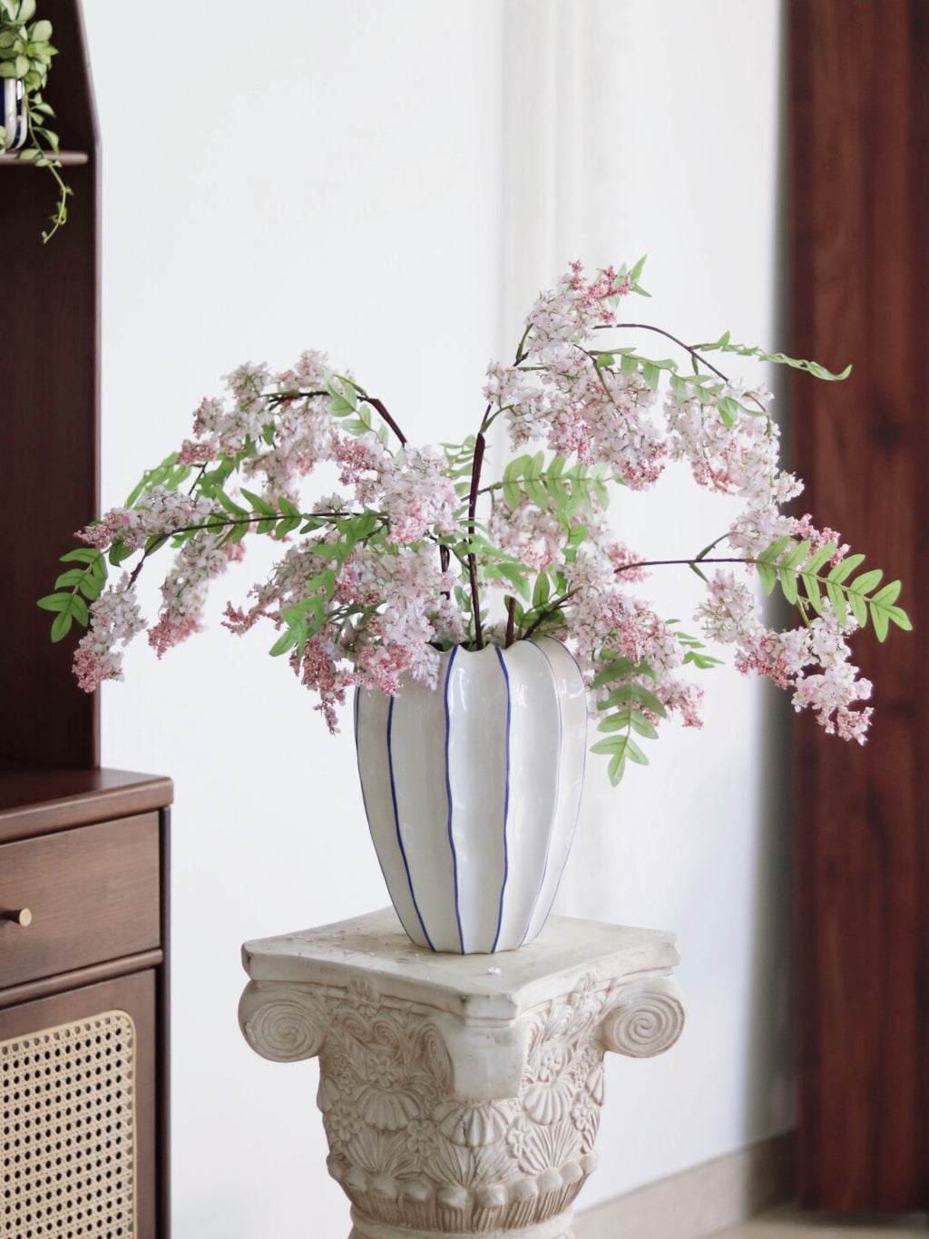 Blue Stripe Fluted Ceramic Floor Vase