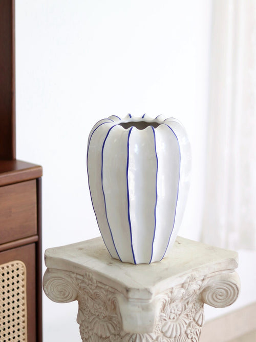 Blue Stripe Fluted Ceramic Floor Vase