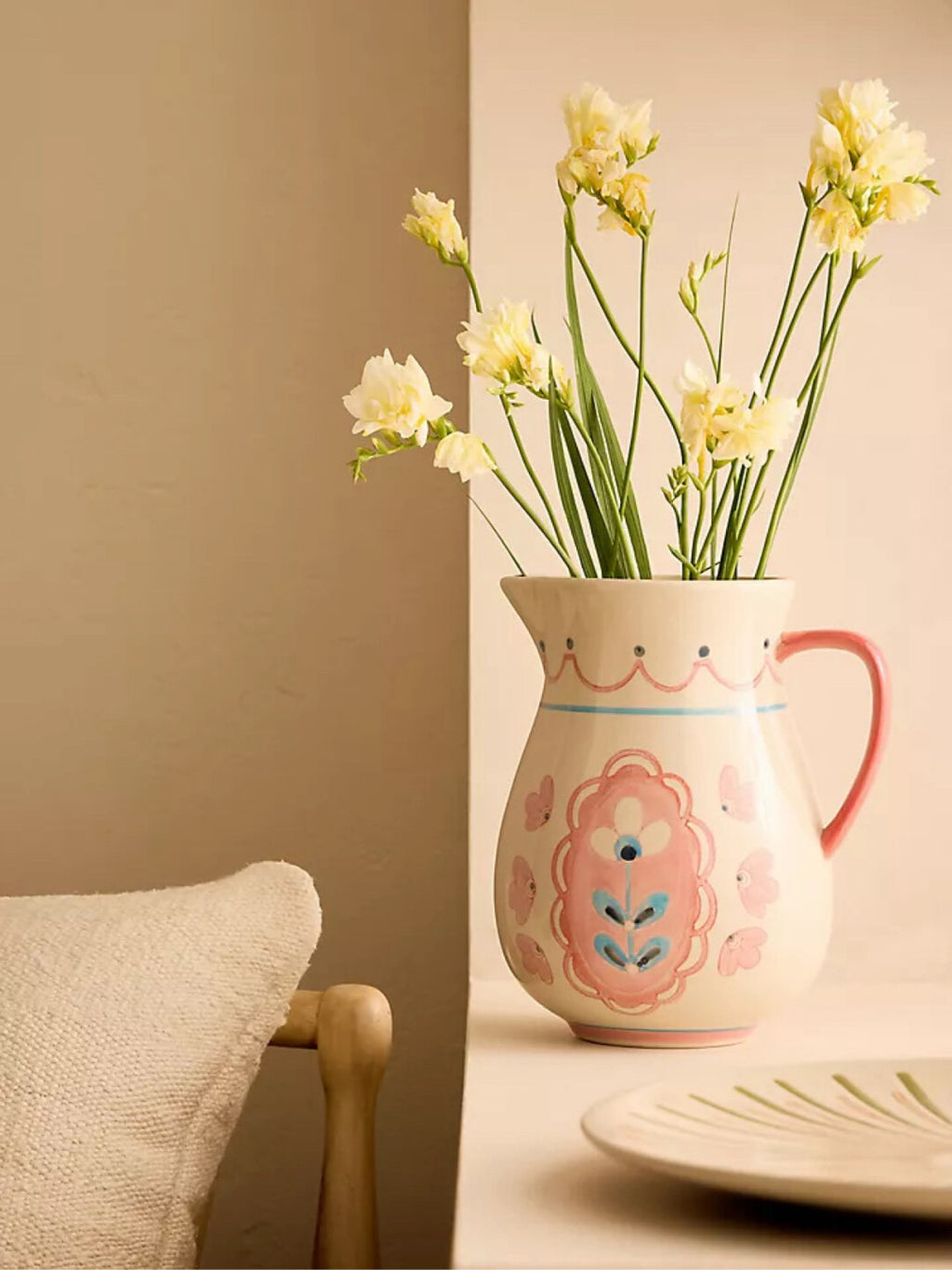 Hand-Painted Floral Ceramic Pitcher Vase