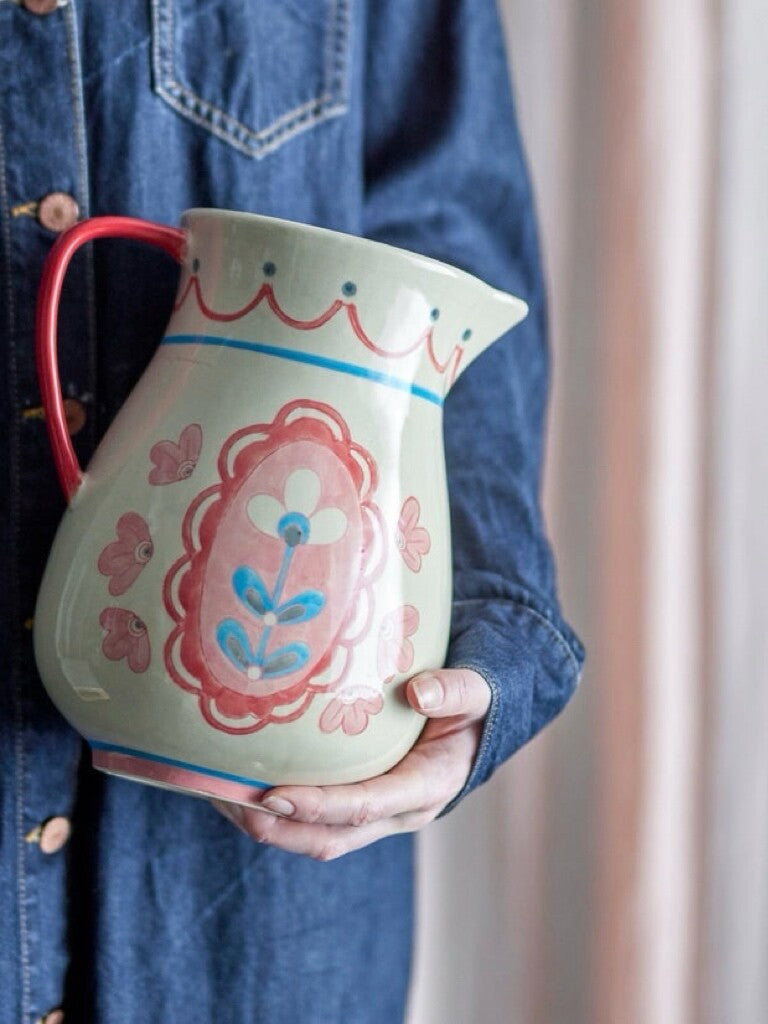 Hand-Painted Floral Ceramic Pitcher Vase