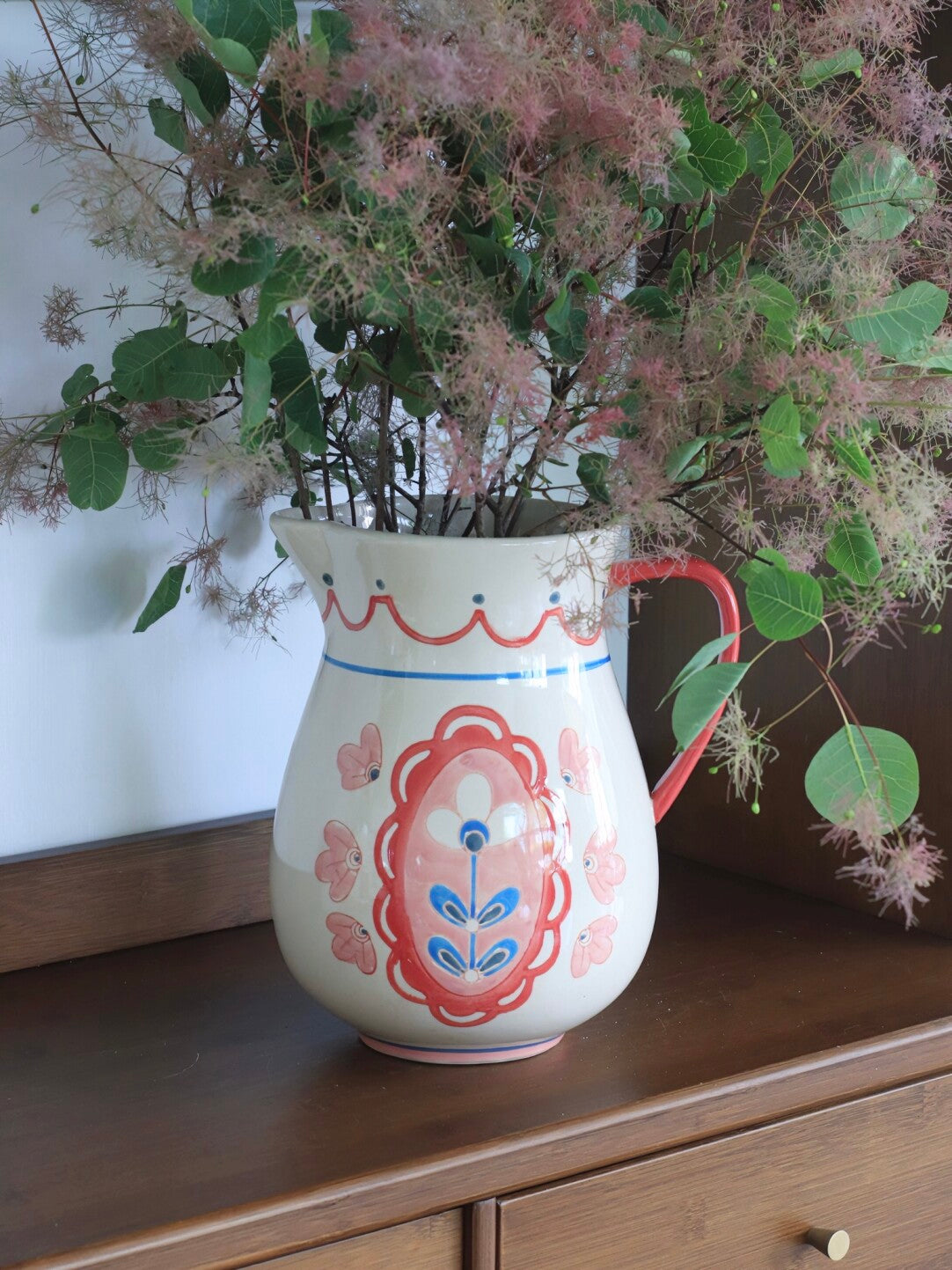 Hand-Painted Floral Ceramic Pitcher Vase